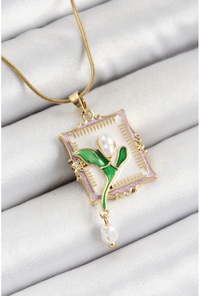 Shoecide 316l Çelik Zincir Beyaz Sanatsal Portre Sallantılı İnci Detaylı Lale Model Gold Renk Kadın Kolye