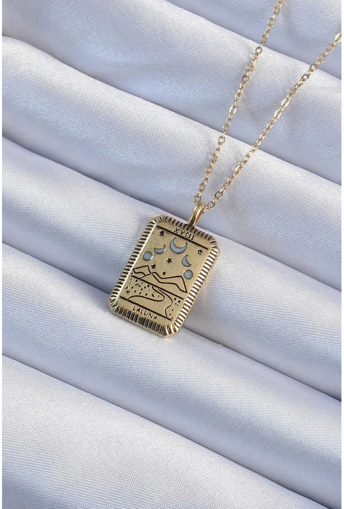 Shoecide 316l Çelik Zincir Eskitme Altın Renk Ay Figürlü Tarot Kolye