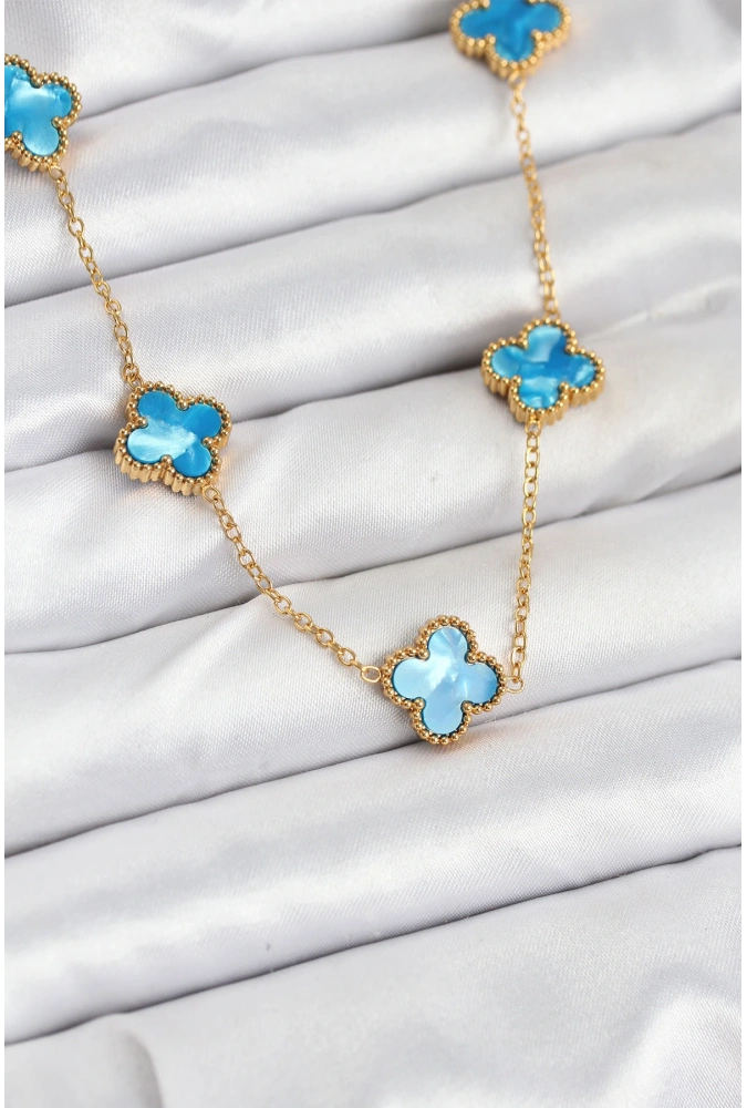 Shoecide 316l Çelik Zincir Gold Buz Mavisi Renk Yonca Kolye