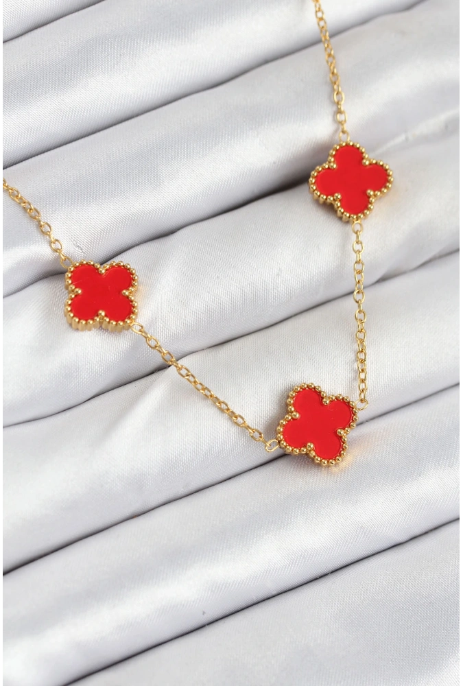 Shoecide 316l Çelik Zincir Gold Kırmızı Renk Yonca Kadın Kolye