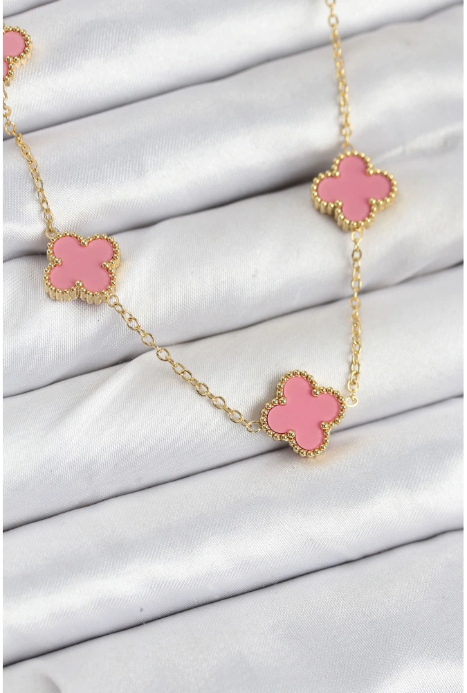 Shoecide 316l Çelik Zincir Gold Pembe Renk Yonca Kadın Kolye