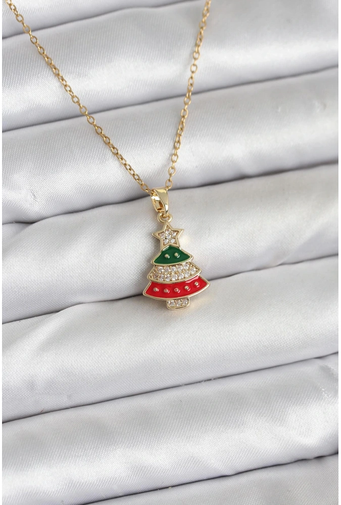 Shoecide 316l Çelik Zincir Gold Ren Çam Ağacı Model Zirkon Taşlı Yılbaşı Temalı Kadın Kolye