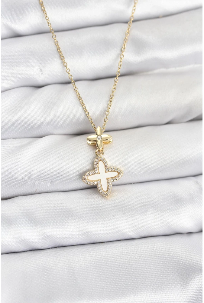 Shoecide 316l Çelik Zincir Gold Renk 4 Yapraklı Yonca Model Zirkon Taşlı Kadın Kolye