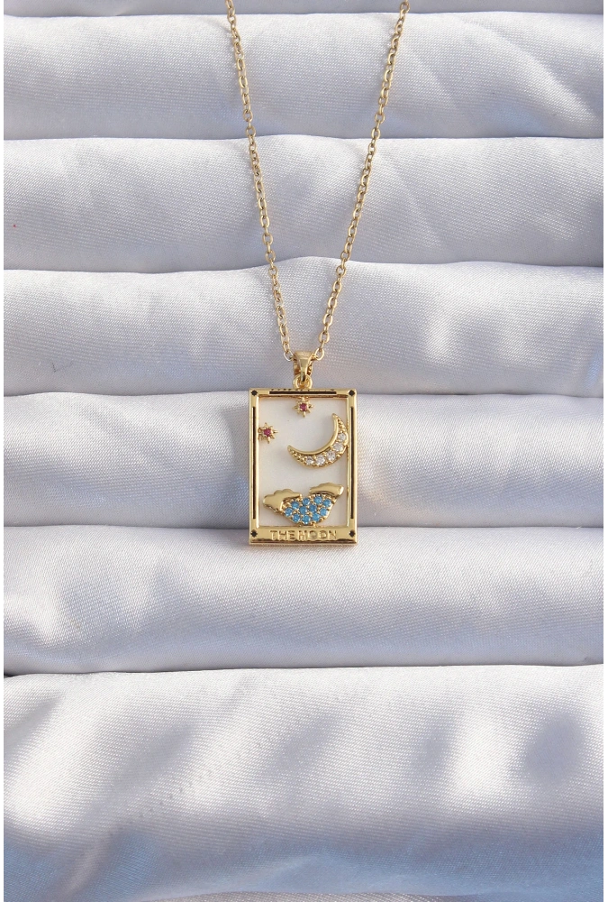 Shoecide 316l Çelik Zincir Gold Renk Ay Detay Mavi Zirkon Taşlı Tarot Kolye