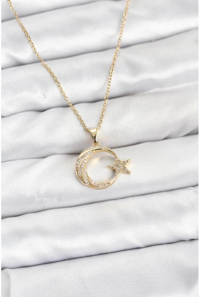 Shoecide 316l Çelik Zincir Gold Renk Ay Yıldız Model Zirkon Taşlı Kadın Kolye