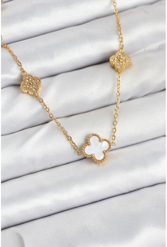 Shoecide 316l Çelik Zincir Gold Renk Beyaz Ve Zirkon Taşlı Yonca Kadın Kolye