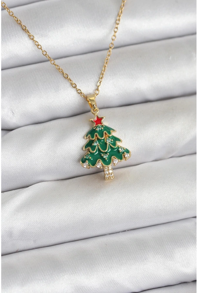 Shoecide 316l Çelik Zincir Gold Renk Çam Ağacı Model Yılbaşı Temalı Kadın Kolye