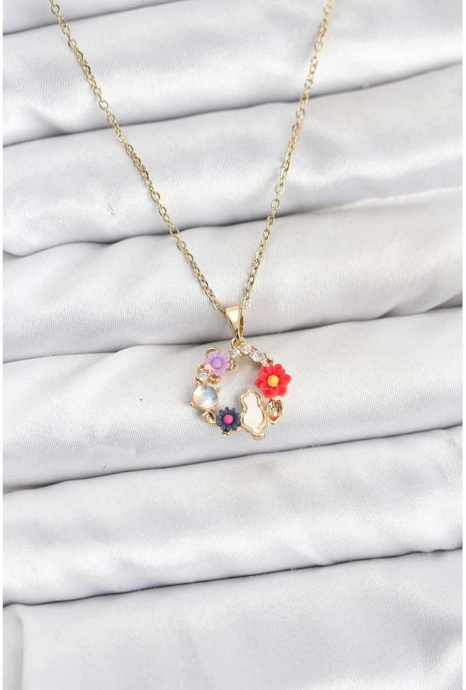 Shoecide 316l Çelik Zincir Gold Renk Çiçekli Kedili Model Kadın Kolye