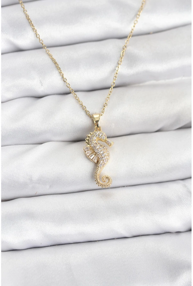 Shoecide 316l Çelik Zincir Gold Renk Deniz Atı Model Zirkon Taşlı Kadın Kolye
