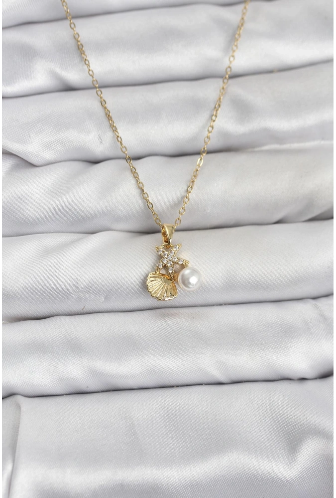 Shoecide 316l Çelik Zincir Gold Renk Deniz Kabuğu Ve Deniz Yıldızı Model Zirkon Taşlı Kadın Kolye