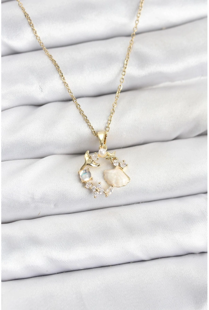 Shoecide 316l Çelik Zincir Gold Renk Deniz Tema Model Zirkon Taşlı Kadın Kolye