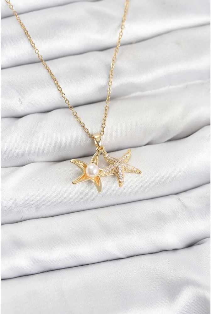 Shoecide 316l Çelik Zincir Gold Renk Deniz Yıldızı Model Zirkon Taşlı Kadın Kolye