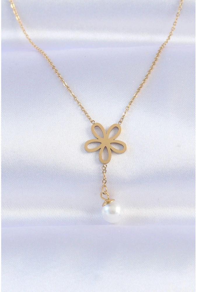 Shoecide 316l Çelik Zincir Gold Renk İnci Detay Çiçek Kolye