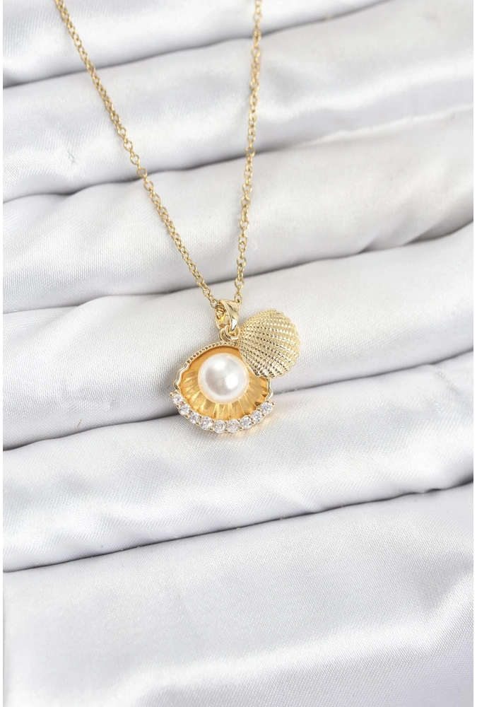 Shoecide 316l Çelik Zincir Gold Renk İncili Deniz Kabuğu Model Zirkon Taşlı Kadın Kolye