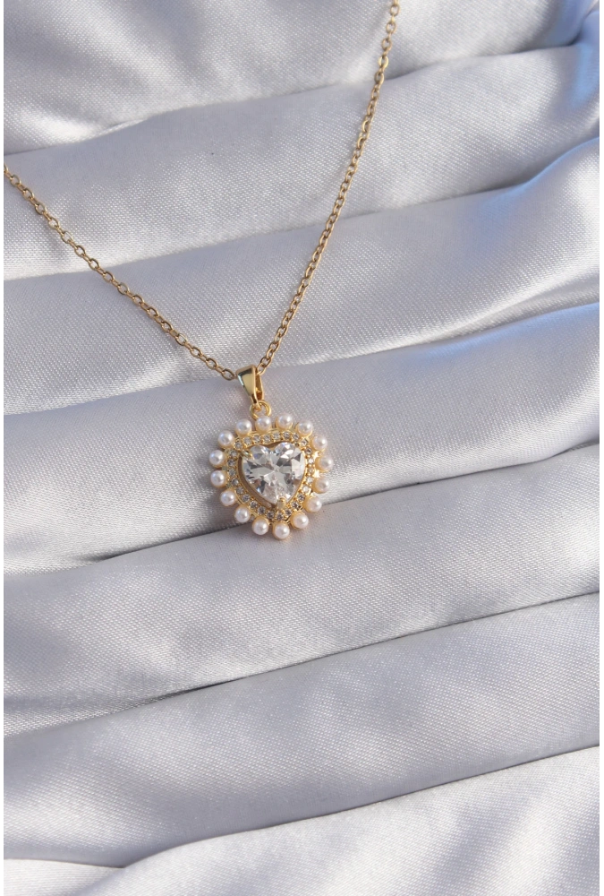 Shoecide 316l Çelik Zincir Gold Renk İncili Zirkon Taşlı Kalp Tasarımlı Kolye