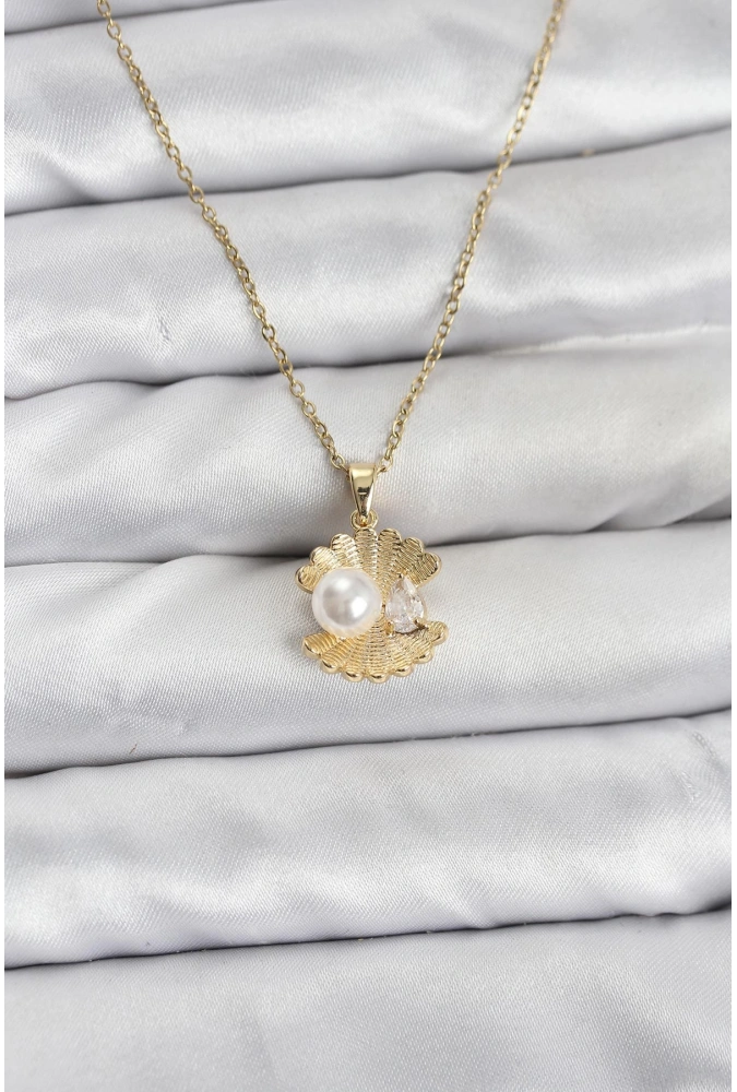 Shoecide 316l Çelik Zincir Gold Renk İstiridye İnci Model Zirkon Taşlı Kadın Kolye