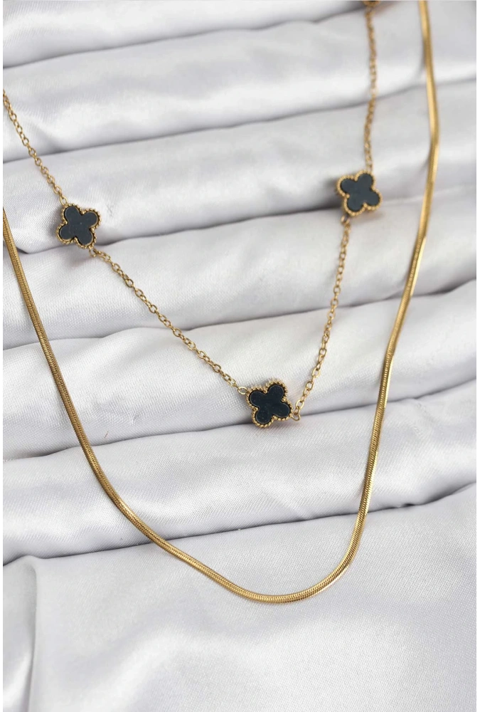 Shoecide 316l Çelik Zincir Gold Renk İtalyan Zincirli Siyah Yonca Model Kadın Kolye