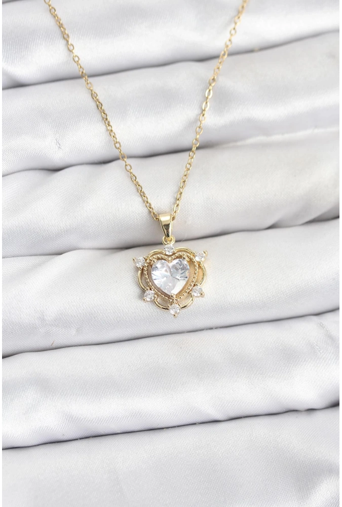 Shoecide 316l Çelik Zincir Gold Renk Kalp Model Zirkon Taşlı Kadın Kolye