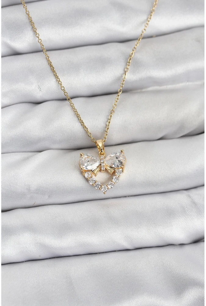 Shoecide 316l Çelik Zincir Gold Renk Kalp Ve Fiyonk Model Zirkon Taşlı Kadın Kolye