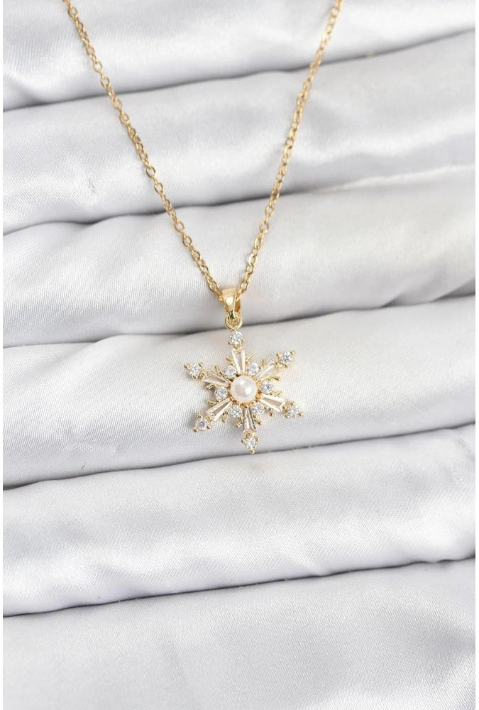Shoecide 316l Çelik Zincir Gold Renk Kar Tanesi Model Zirkon Taşlı Kadın Kolye