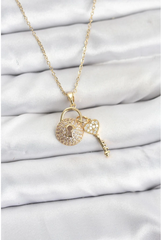 Shoecide 316l Çelik Zincir Gold Renk Kilit Anahtar Model Zirkon Taşlı Kadın Kolye