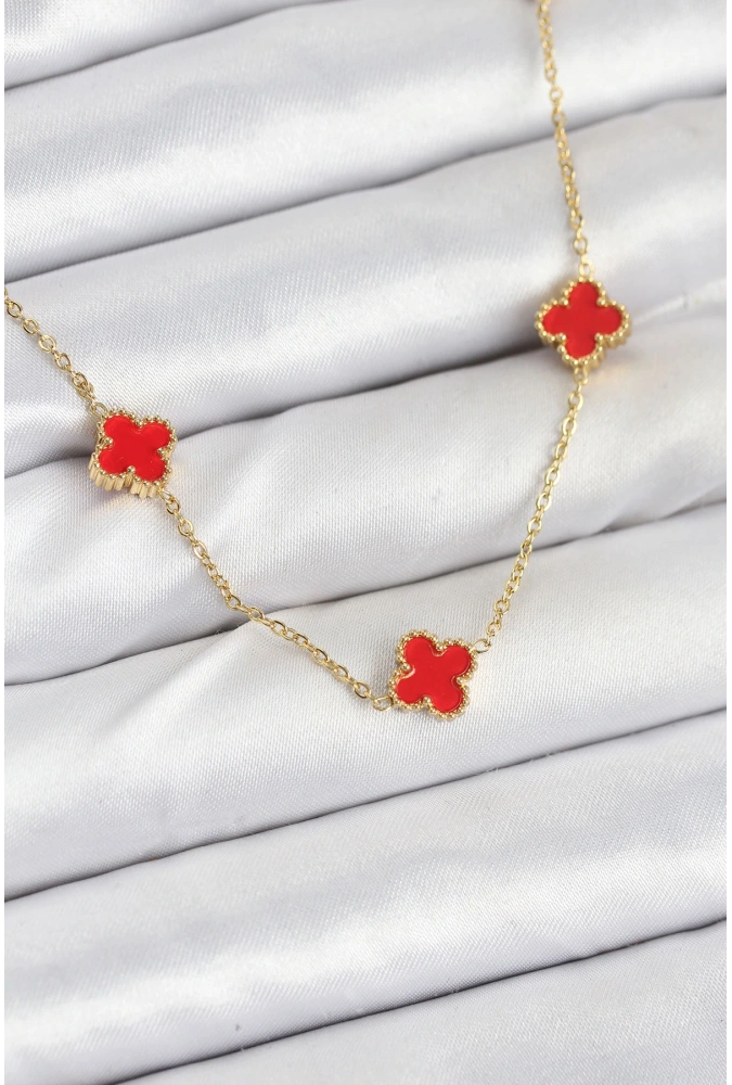 Shoecide 316l Çelik Zincir Gold Renk Kırmızı Baby Boy Yonca Kadın Kolye