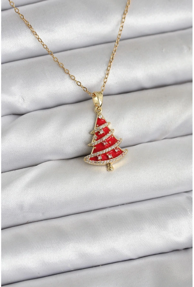 Shoecide 316l Çelik Zincir Gold Renk Kırmızı Çam Ağacı Model Yılbaşı Temalı Kadın Kolye