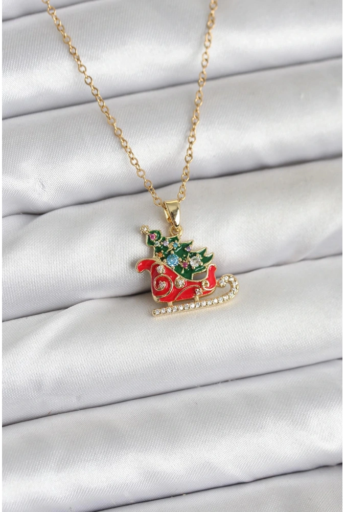 Shoecide 316l Çelik Zincir Gold Renk Kızak Ve Çam Ağacı Figürlü Yılbaşı Temalı Kadın Kolye