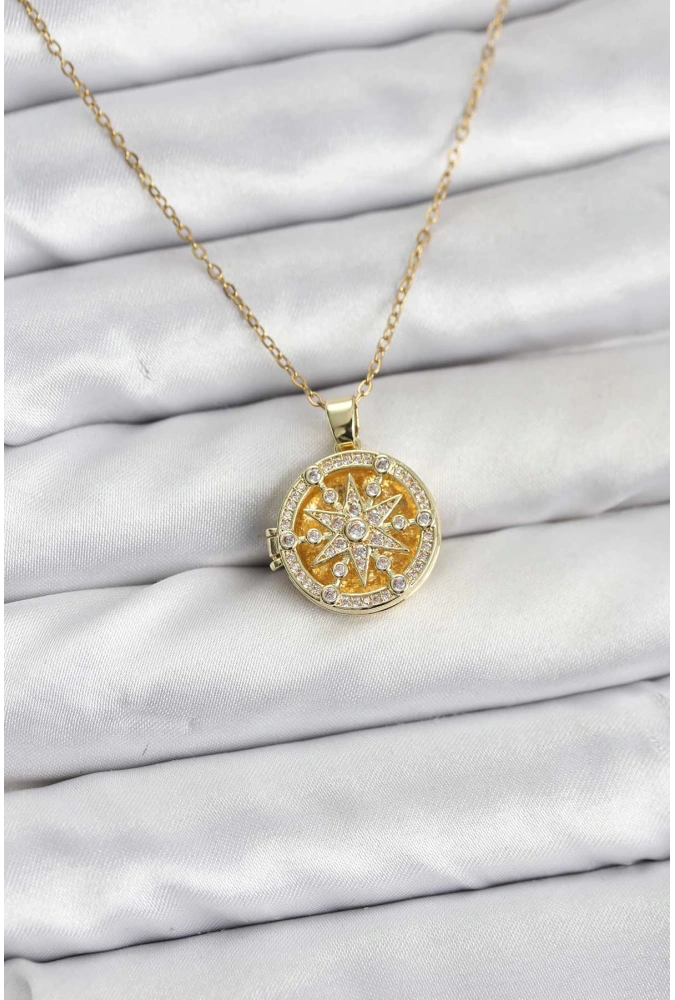 Shoecide 316l Çelik Zincir Gold Renk Kutup Yıldızı Kapaklı Model Kadın Kolye