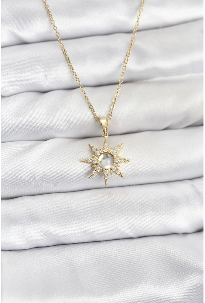 Shoecide 316l Çelik Zincir Gold Renk Kutup Yıldızı Model Zirkon Taşlı Kadın Kolye