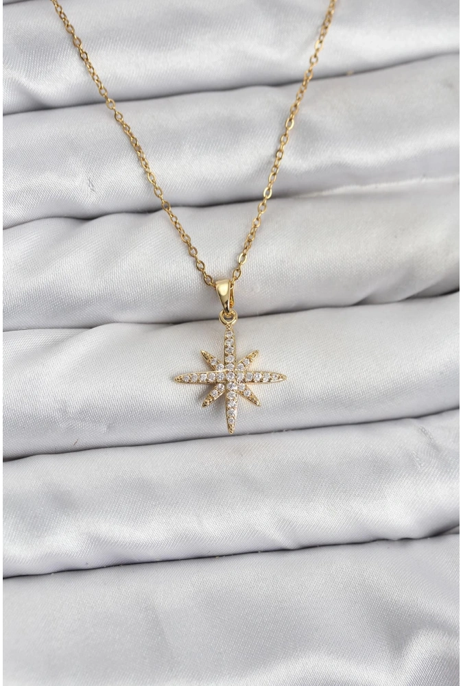 Shoecide 316l Çelik Zincir Gold Renk Kutup Yıldızı Model Zirkon Taşlı Kadın Kolye