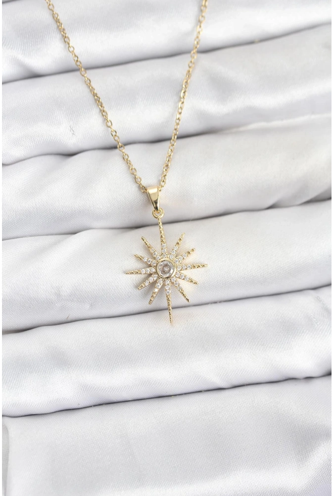 Shoecide 316l Çelik Zincir Gold Renk Kutup Yıldızı Model Zirkon Taşlı Kadın Kolye