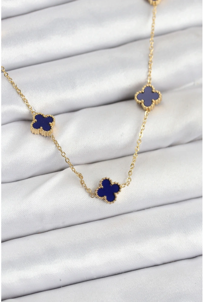 Shoecide 316l Çelik Zincir Gold Renk Lacivert Baby Boy Yonca Kadın Kolye