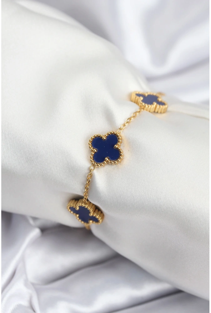 Shoecide 316l Çelik Zincir Gold Renk Lacivert Yonca Kadın Bileklik