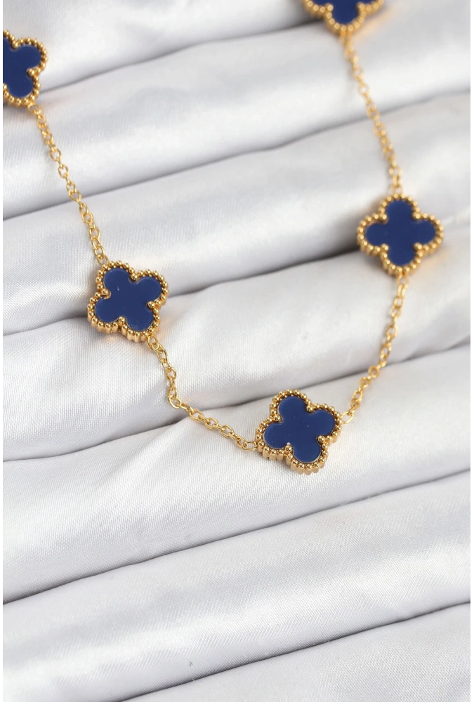 Shoecide 316l Çelik Zincir Gold Renk Lacivert Yonca Kadın Kolye