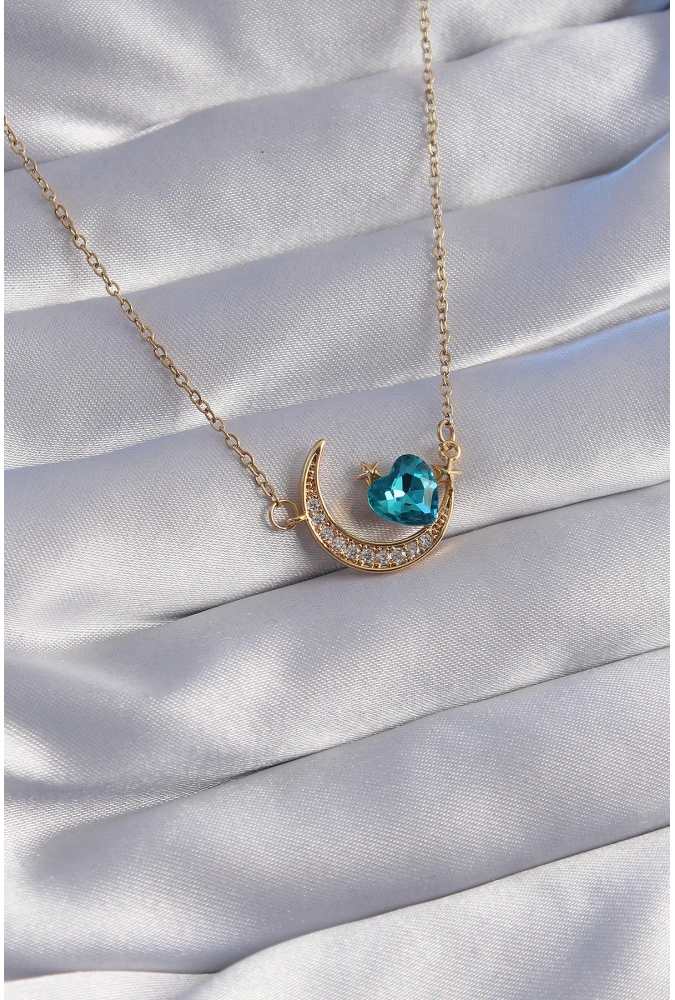 Shoecide 316l Çelik Zincir Gold Renk Mavi Zirkon Taşlı Ay Tasarımlı Kolye