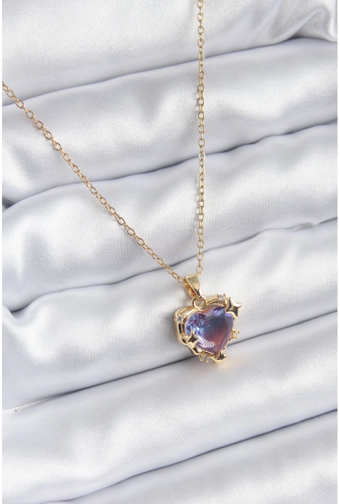 Shoecide 316l Çelik Zincir Gold Renk Mor Renk Zirkon Taşlı Kalp Model Kadın Kolye