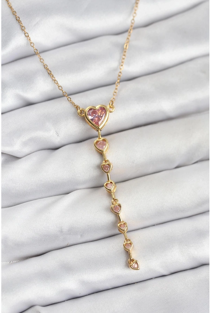 Shoecide 316l Çelik Zincir Gold Renk Pembe Kalp Kadın Kolye