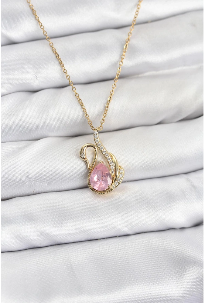 Shoecide 316l Çelik Zincir Gold Renk Pembe Kuğu Model Zirkon Taşlı Kadın Kolye