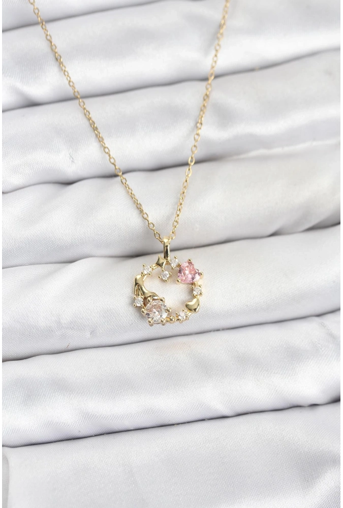 Shoecide 316l Çelik Zincir Gold Renk Pembe Taş Detaylı Çelenk Model Kadın Kolye