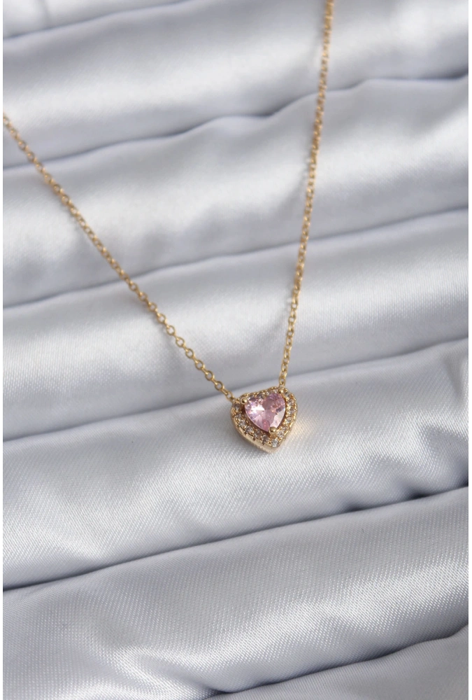 Shoecide 316l Çelik Zincir Gold Renk Pembe Zirkon Taşlı Charm Kadın Kolye