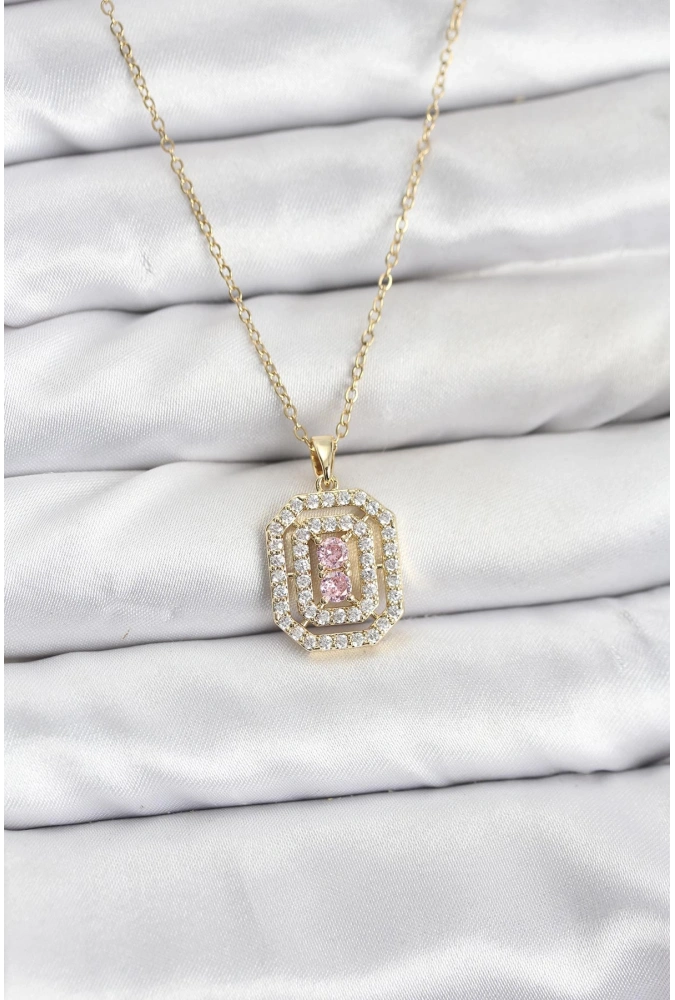 Shoecide 316l Çelik Zincir Gold Renk Plaka Model Zirkon Taşlı Kadın Kolye