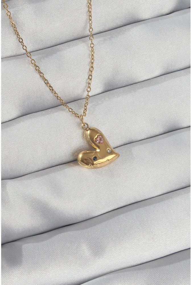 Shoecide 316l Çelik Zincir Gold Renk Renkli Zirkon Taşlı Kalp Kolye