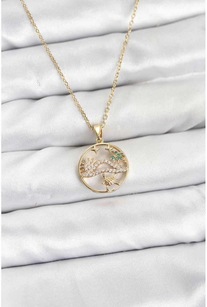 Shoecide 316l Çelik Zincir Gold Renk Şans Kolyesi Model Zirkon Taşlı Kadın Kolye