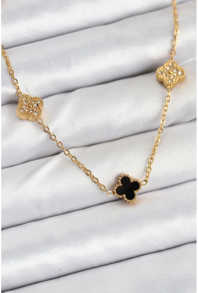 Shoecide 316l Çelik Zincir Gold Renk Siyah Ve Zirkon Taşlı Baby Boy Yonca Kadın Kolye