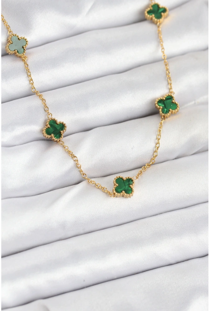 Shoecide 316l Çelik Zincir Gold Renk Yeşil Baby Boy Yonca Kadın Kolye