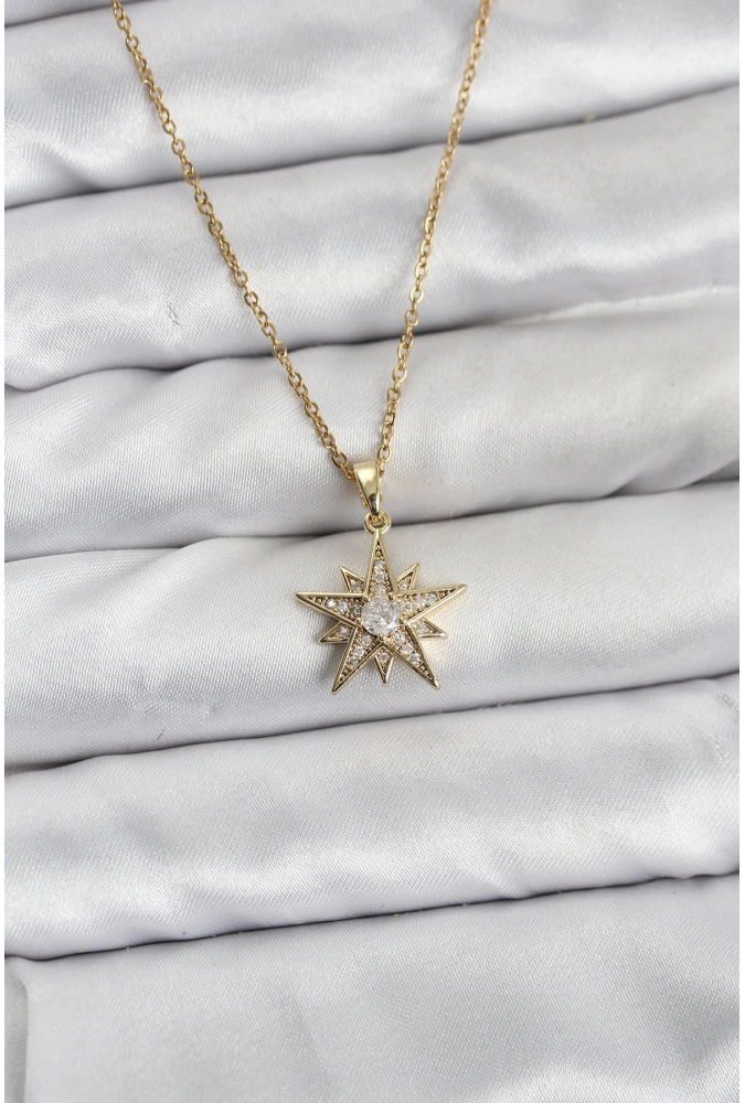 Shoecide 316l Çelik Zincir Gold Renk Yıldız Model Zirkon Taşlı Kadın Kolye