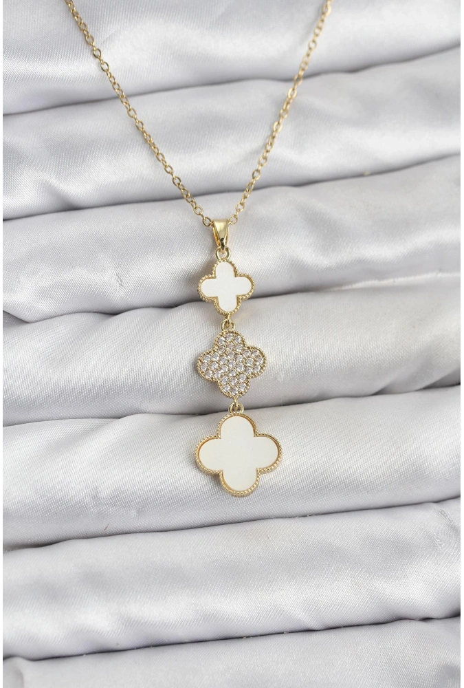 Shoecide 316l Çelik Zincir Gold Renk Yonca Detaylı Zirkon Taşlı Kadın Kolye