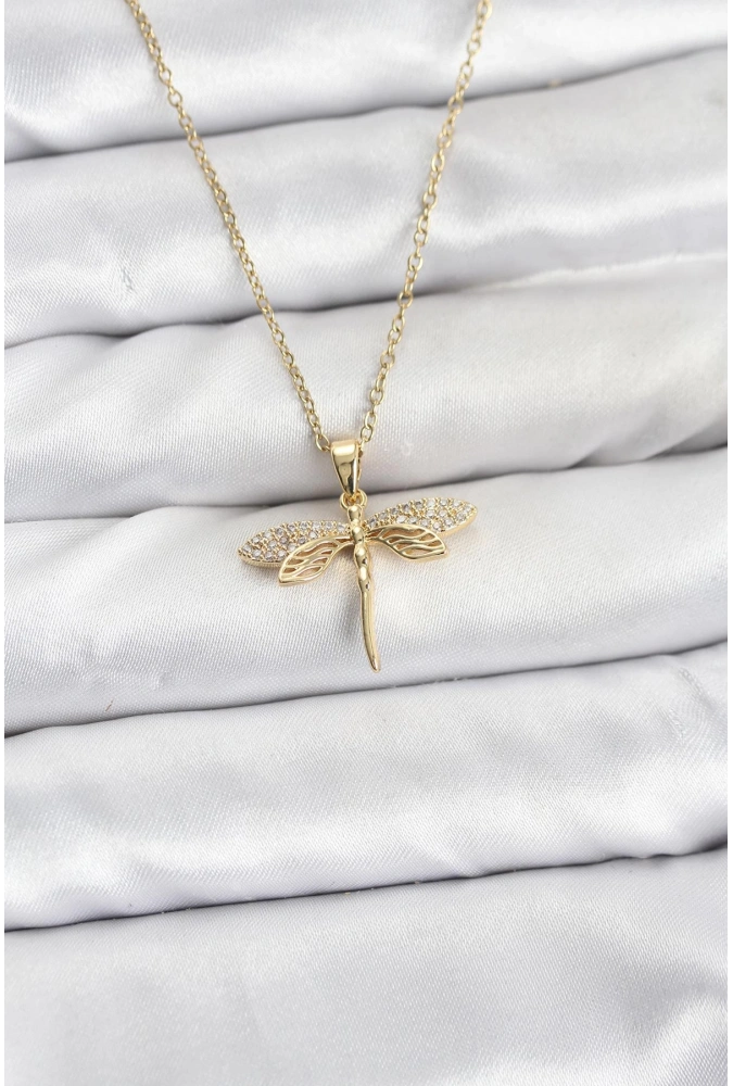 Shoecide 316l Çelik Zincir Gold Renk Yusufçuk Model Zirkon Taşlı Kadın Kolye