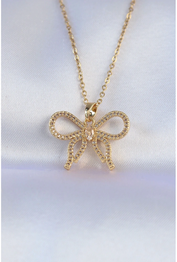 Shoecide 316l Çelik Zincir Gold Renk Zirkon Taşlı Fiyonk Kolye